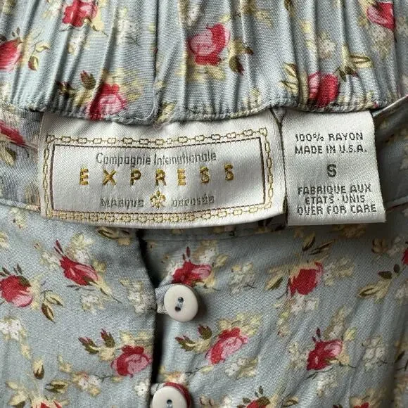 Vintage 90s Express Floral Midi Skirt Blue Rose Print Button Front Cottagecore S - Picture 8 of 11